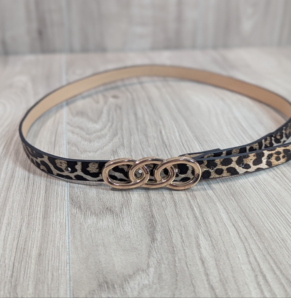 Women's Skinny Belt Metallic Leopard Print Chunky Gold Hardware VTG 90s - Picture 1 of 7
